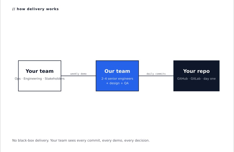 Delivery topology — your team, our team, your repo, with weekly demo and daily commits.